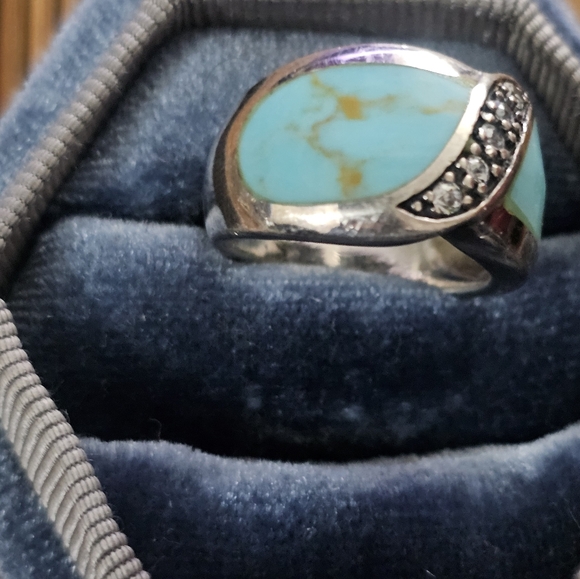 925 Silver Turquoise, CZ Ring (Vintage) - Picture 3 of 10
